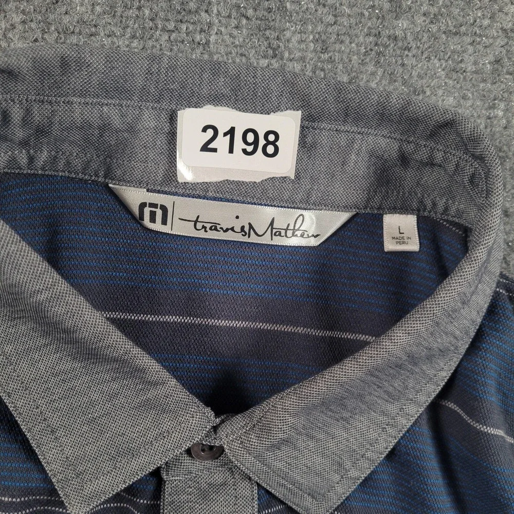 Travis Mathew Polo Shirt Mens Large‎ Blue Gray Striped Golf Pima Cotton Pocket